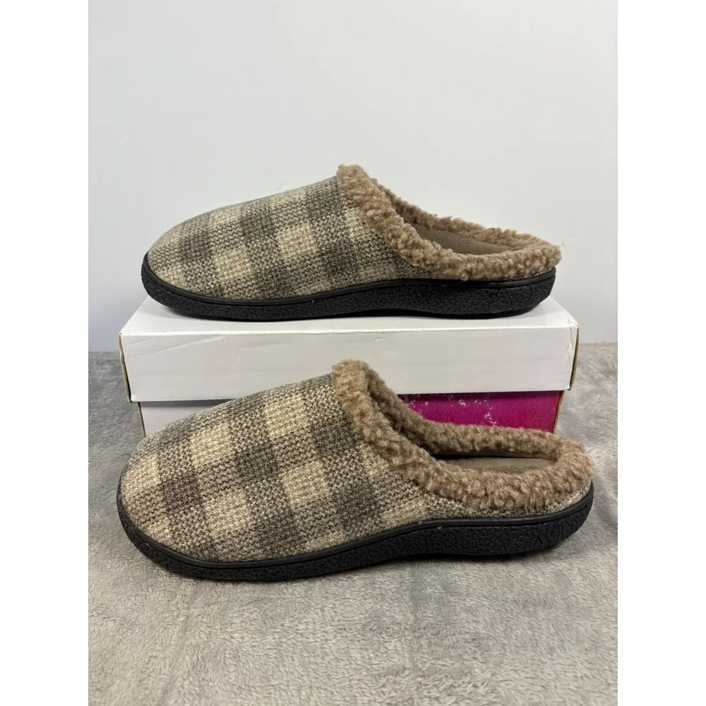 Isotoner Mens Plaid Clog Slippers Tan Brown Faux Fur Lined Size‎ 9.5-10.5